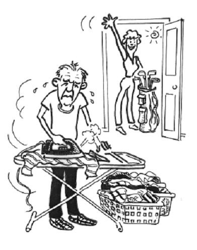 Old man ironing cartoon